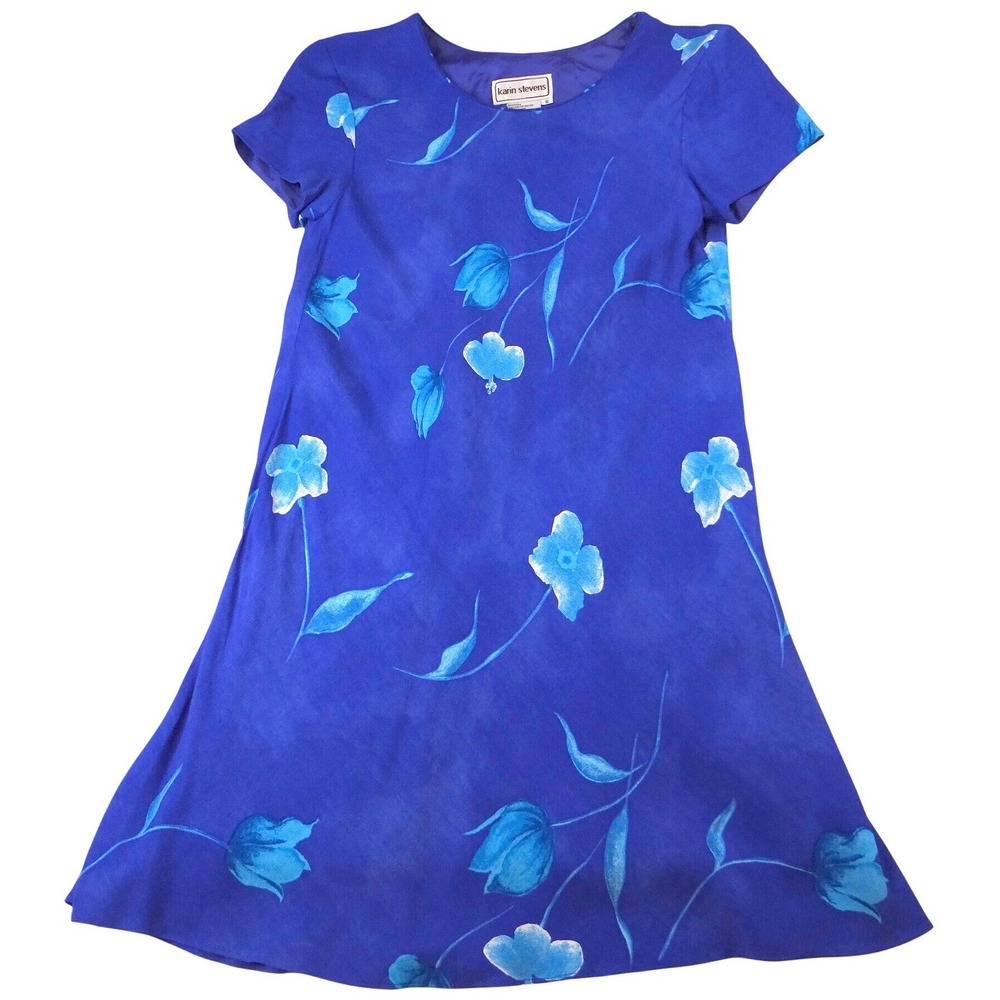 Karin Stevens Royal Blue Floral Short‎ Sleeve Knee Length Dress Women Size 6